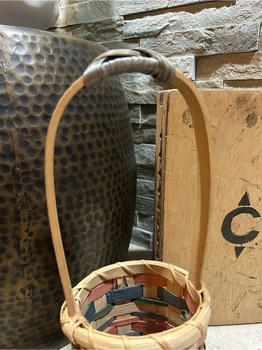 Vintage single-handled woven splint wood wine basket